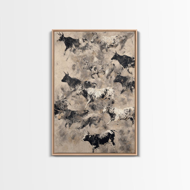 Monochrome Cattle Collage Wall Art, Abstract Animal Canvas Print, Rustic Neutral Decor, Black And White Art, Gallery Poster