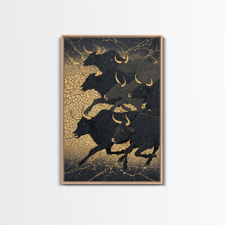 Black And Gold Bull Herd Canvas Print, Dramatic Animal Wall Art, Luxury Ranch Decor, Masculine Office Art, Statement Piece