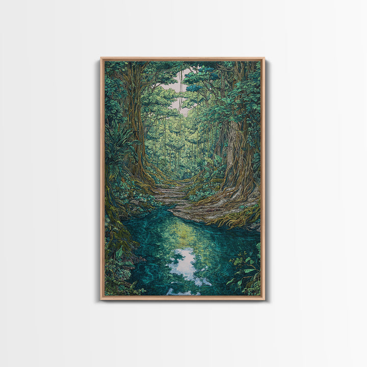 Rainforest River Path Framed Canvas Print, Ancient Jungle Roots, Green Nature Scene Art, Boho Wall Decor, Unique Home Decor