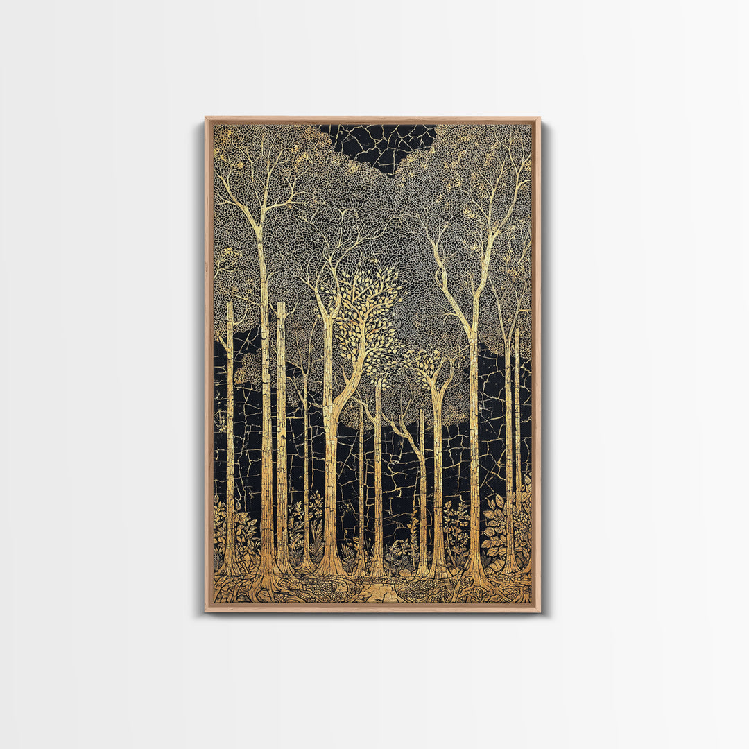 Black And Gold Forest Wall Art, Tall Tree Line Illustration, Abstract Nature Pattern, Elegant Home Decor, Luxury Art Print