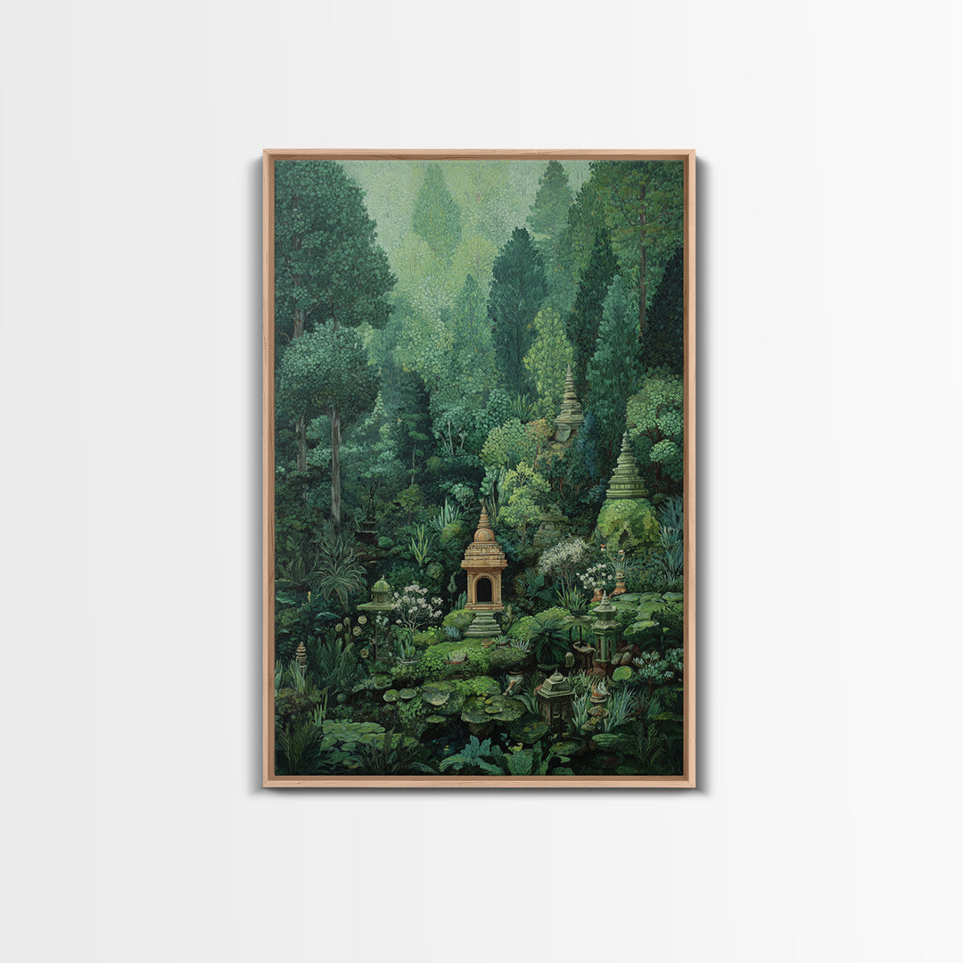 Secret Jungle Temple Garden Canvas Print, Lush Green Botanical Landscape, Spiritual Wall Art, Bohemian Decor Art, Living Room Decor