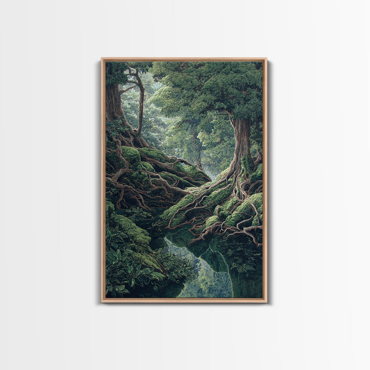 Ancient Forest Roots Wall Art, Mossy Green River Gorge, Mystical Nature Scene Art, Statement Wall Decor, Unique Canvas Print