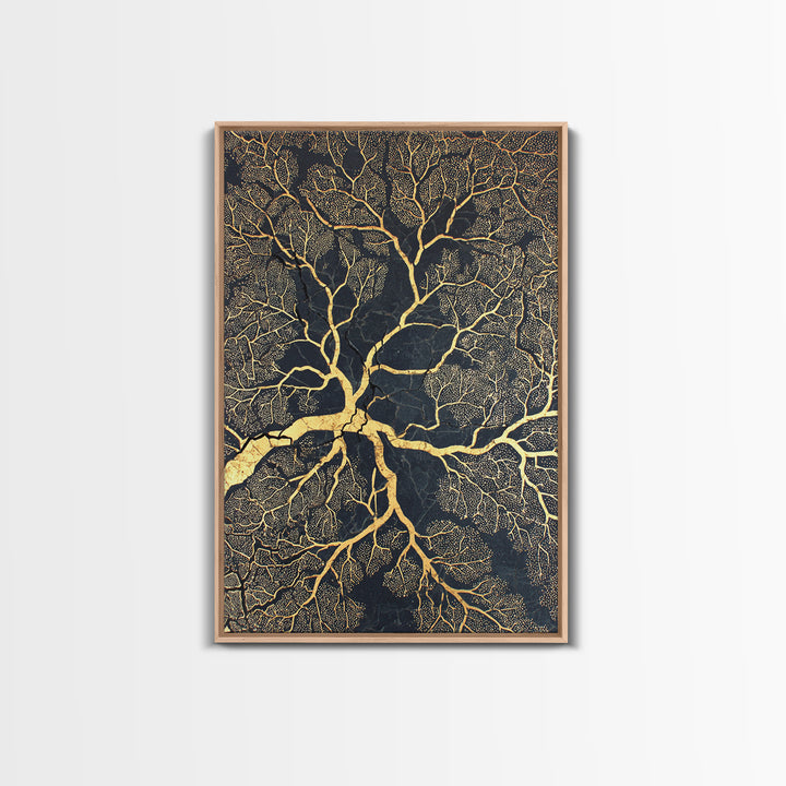 Black And Gold Branching Tree Wall Art, Abstract Root Network, Earth Tone Wall Decor, Luxury Art Print, Modern Canvas Art
