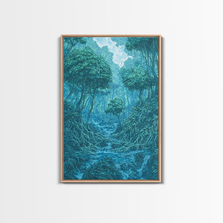 Blue Mystical Rainforest Stream Framed Canvas Print, Dreamy Jungle Wall Art, Teal Nature Scene, Spiritual Wall Decor Gift