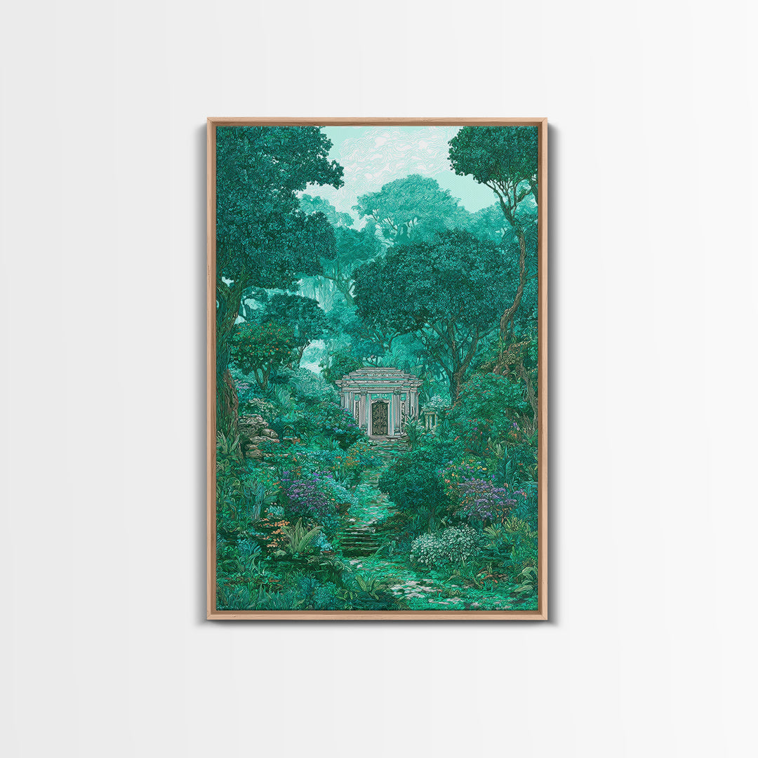 Hidden Garden Temple Path Canvas Print, Emerald Forest Landscape, Dreamy Nature Wall Decor, Botanical Living Room Art Gift