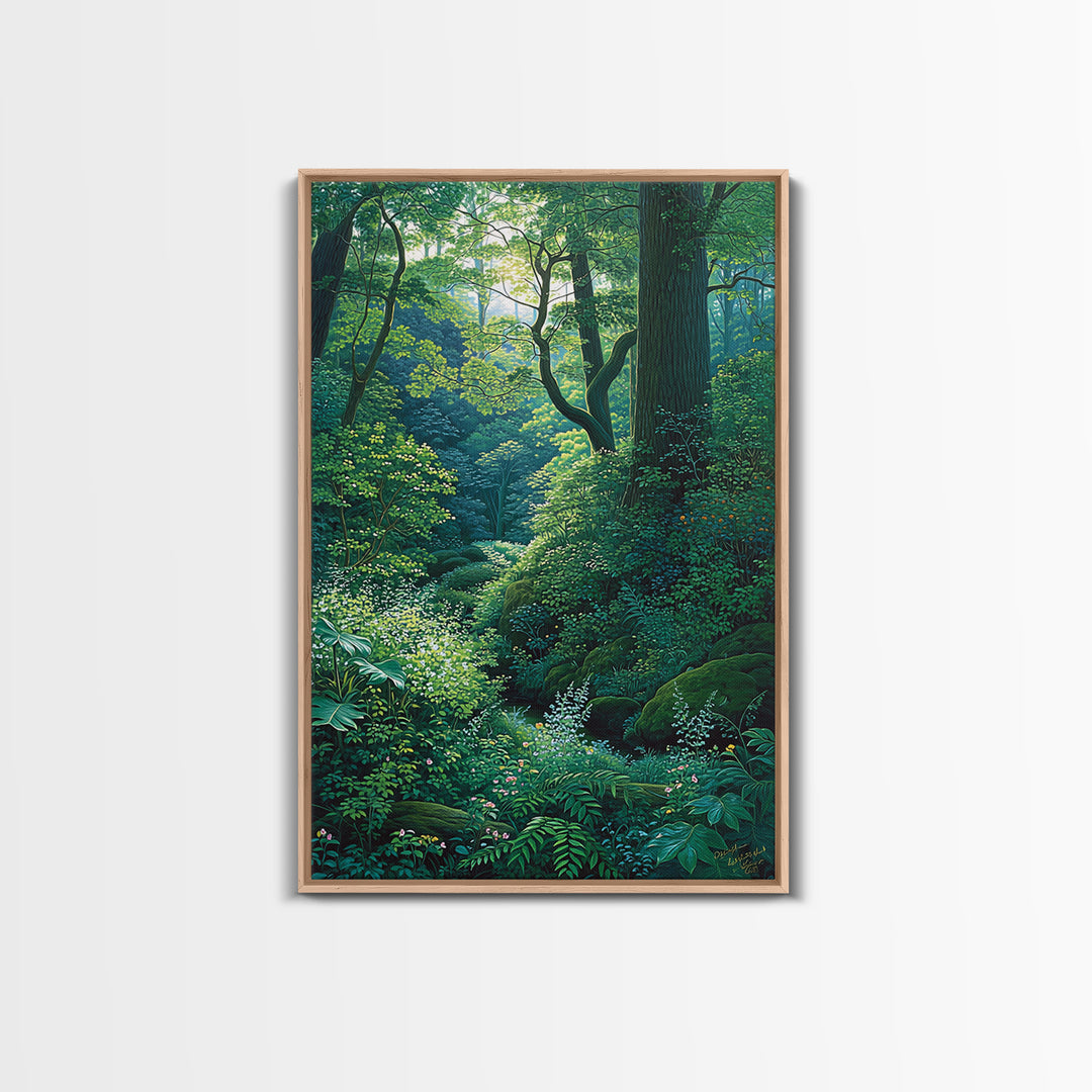 Sunlit Woodland Glade With Ferns Wall Art, Green Nature Scene Art, Dreamy Forest Decor, Botanical Bedroom Wall Decor Gift