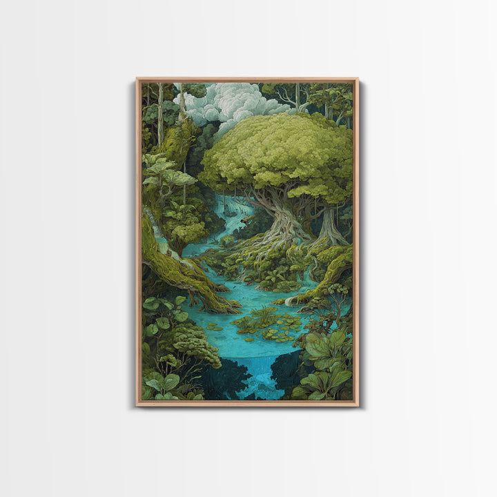Ancient Banyan Over Turquoise River Painting Canvas Print, Fantasy Jungle Decor, Green Nature Wall Art, Unique Home Decor Gift