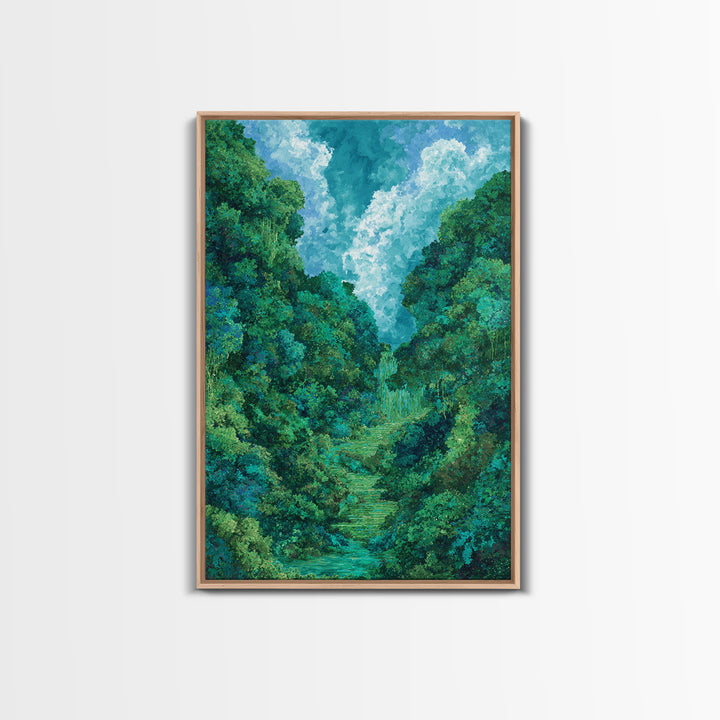 Turquoise Rainforest Valley With Waterfall Canvas Print, Lush Green Landscape, Nature Scene Art, Modern Wall Decor Art Gift