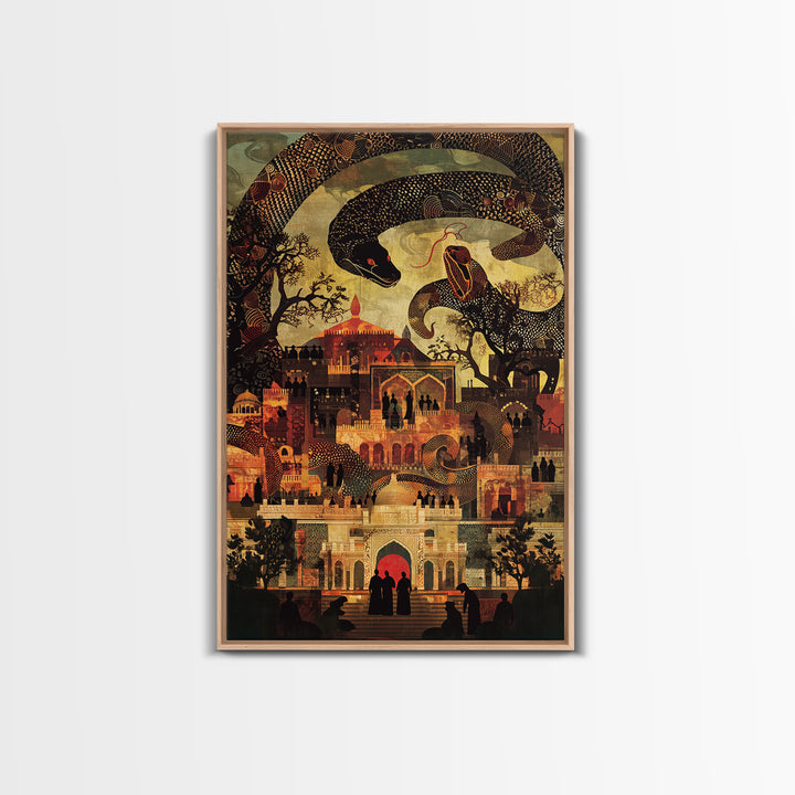 Enchanted Palace With Giant Serpent Wall Art, Mystical Travel Decor, Indian Decor, Fantasy City Canvas Style Art Print Gift