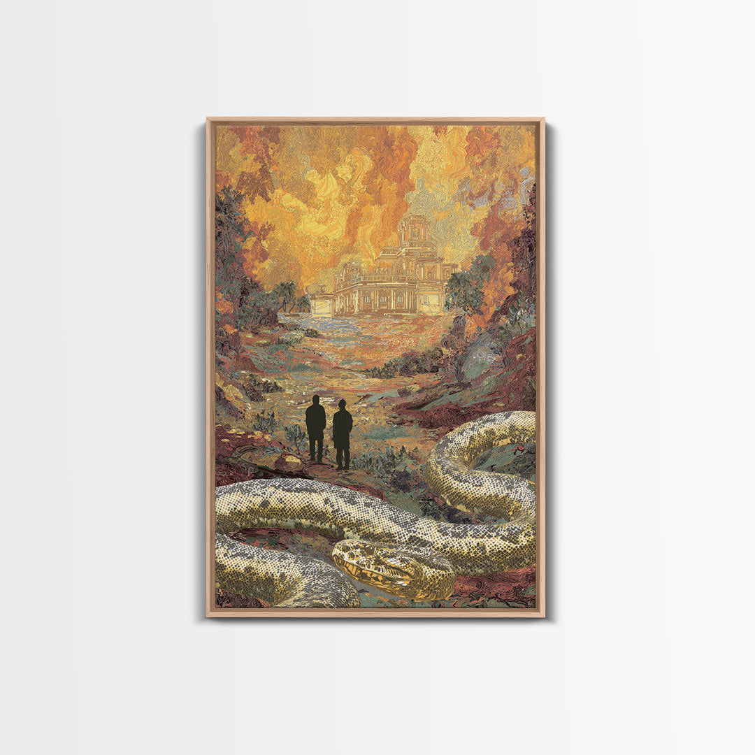 Golden Ruins With Giant Serpent Canvas Print, Surreal Fantasy Landscape Wall Art, Burnt Orange Art, Statement Home Decor Gift