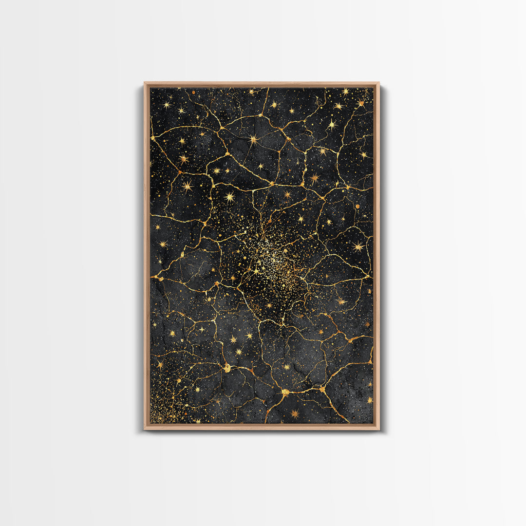 Black Gold Celestial Marble Stars Wall Art, Abstract African Inspired Cosmic Decor, Luxury Canvas Print For Modern Home Decor