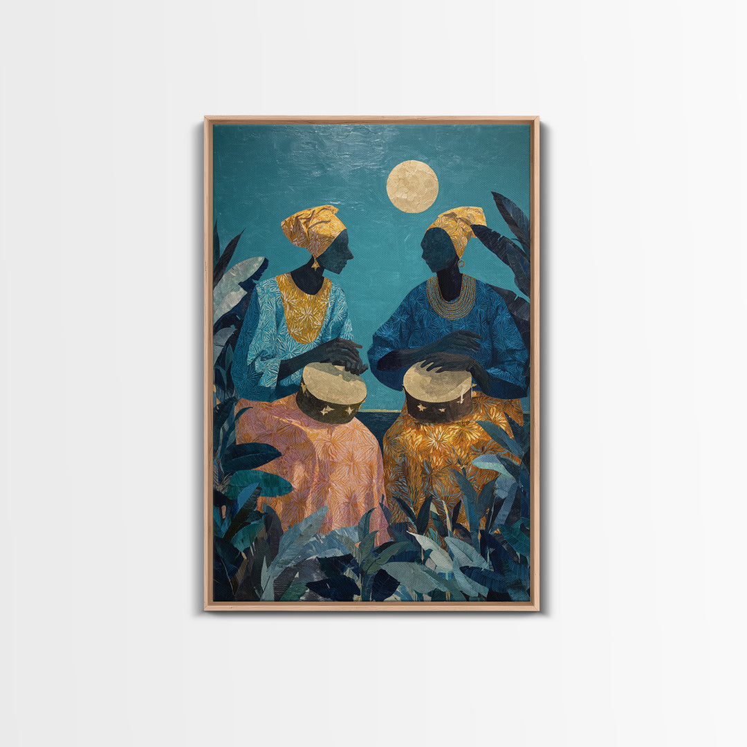 Two African Women Drumming Under Moon Wall Art, Afrocentric Canvas Print, Teal Jungle Decor, Cultural Home Decor Gift For Living Room