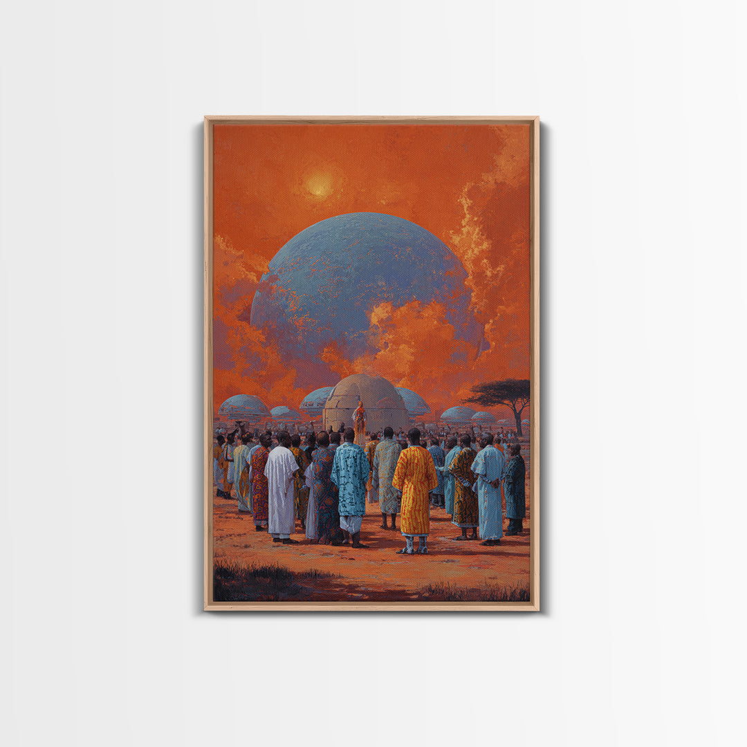 Afrofuturist Gathering Beneath Blue Planet Wall Art, African Culture Canvas Print, Orange Sky Village Home Decor Gift For Her