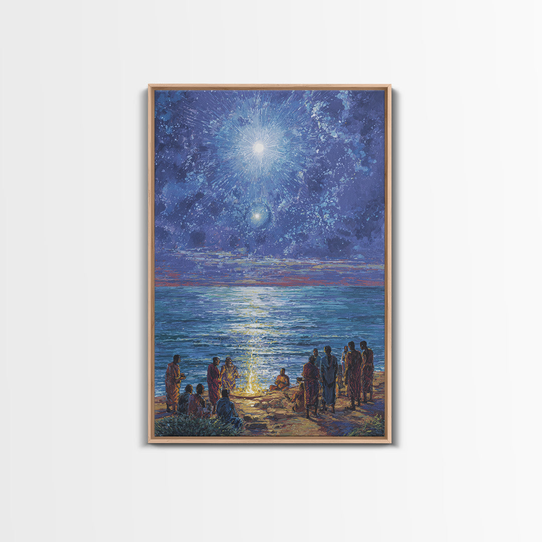 Moonlit Ocean Gathering At Shore Wall Art, African People Canvas Print, Blue Spiritual Nature Scene Decor For Living Room