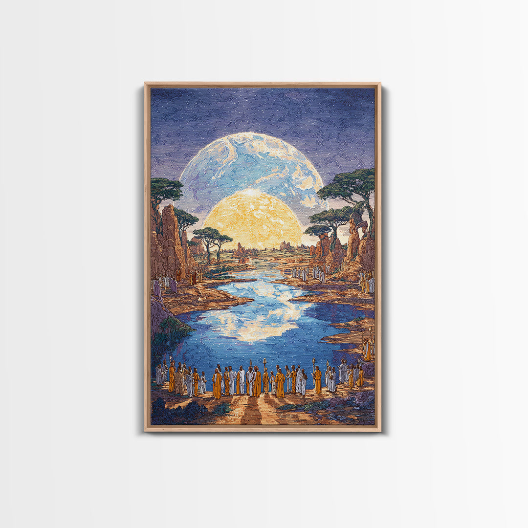 Sacred River Valley With Twin Moons Wall Art, African Landscape Canvas Print, Safari Inspired Cultural Home Decor Gift For Him