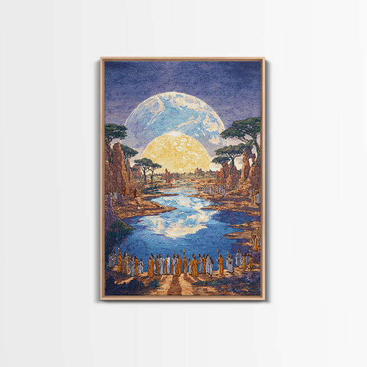 Sacred River Valley With Twin Moons Wall Art, African Landscape Canvas Print, Safari Inspired Cultural Home Decor Gift For Him