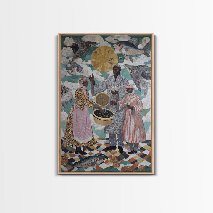Surreal Fish Sky Ceremony With Family Wall Art, African Culture Canvas Print, Whimsical Kitchen Decor And Unique Gift For Home