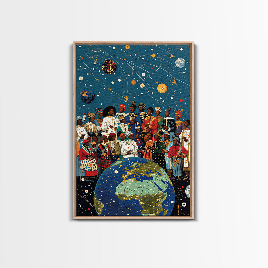 African Diaspora Under Celestial Orbits Wall Art, Afrocentric Canvas Print, Black Culture Artwork And Earth Map Decor Gift