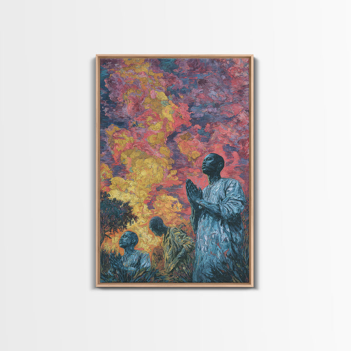 Praying African Men Beneath Fiery Sky Framed Canvas Print, Spiritual Wall Art, Black Culture Art, Meaningful Home Decor Gift
