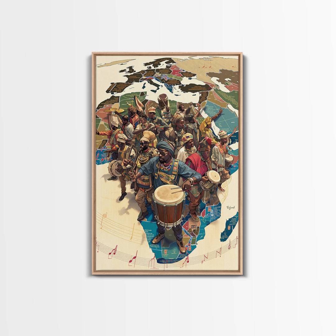 African Musicians Over Motherland Map Framed Canvas Print, African Culture Art, Afrocentric Wall Art, Vibrant Home Decor