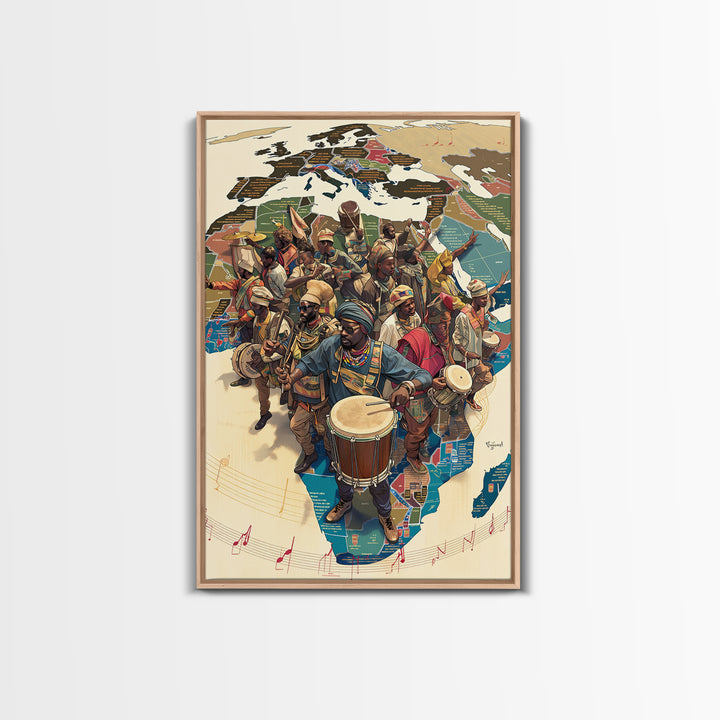 African Musicians Over Motherland Map Framed Canvas Print, African Culture Art, Afrocentric Wall Art, Vibrant Home Decor