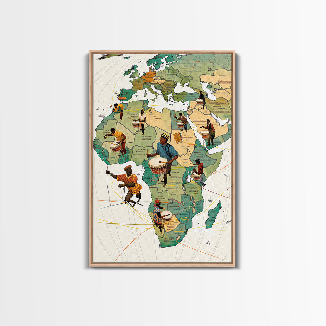 Drummers Across Africa And Europe Map Canvas Print, African Art Prints, Cultural Home Decor, Music Inspired Wall Decor Gift