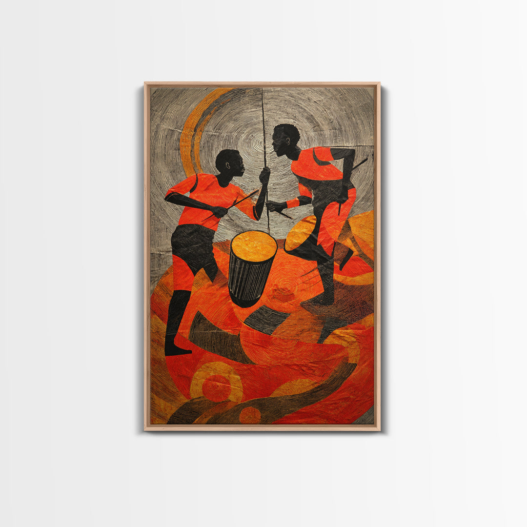 Two African Children Dancing With Drum Wall Art, Colorful African Art Print, Tribal Celebration Decor, Modern Afro Canvas