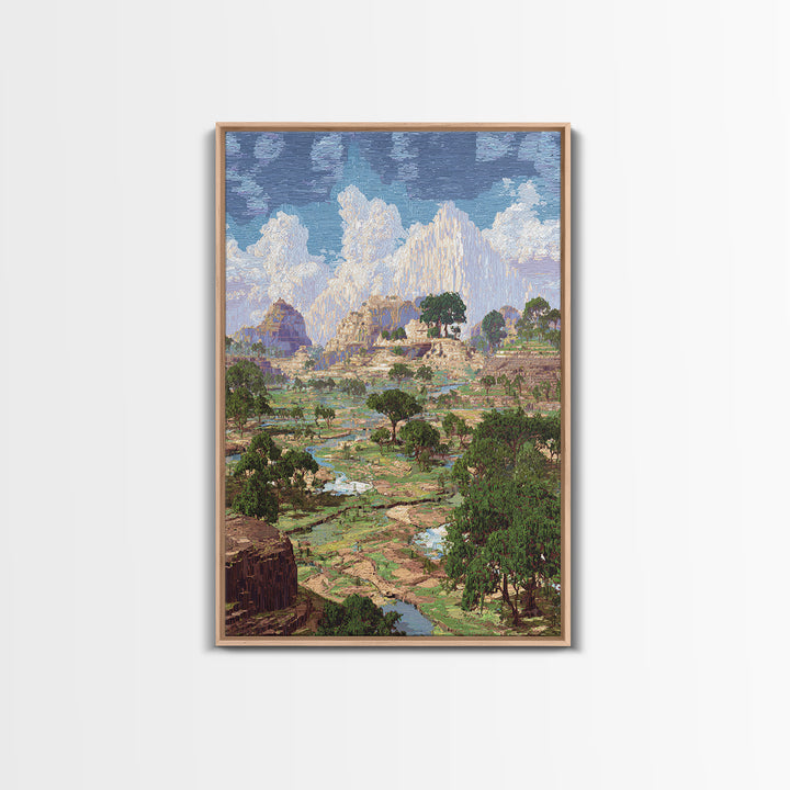 Ancient African Valley With River And Mountains Wall Art, Serengeti Landscape Print, Nature Scene Home Decor, Dreamy Canvas