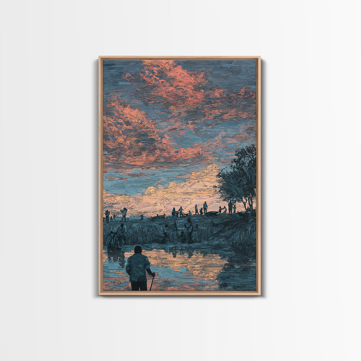 Pastoral African Sunset River Scene Canvas Print, Nature Wall Decor, Cultural Landscape Art, Earth Tone Living Room Decor