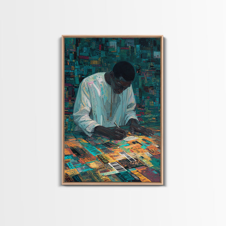 Focused Writer At Colorful Desk Framed Canvas Print, Black Man Wall Art, African American Art, Office Decor, Creative Gift