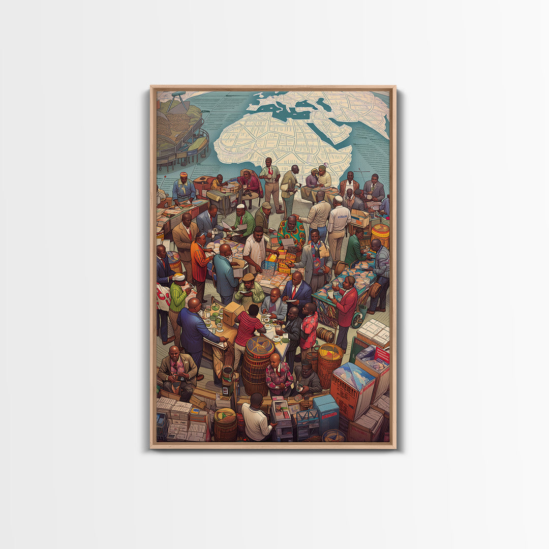 Busy African Market Scene With Map Wall Art, African Culture Art, West African Art, Black People Art, Living Room Decor, Gift
