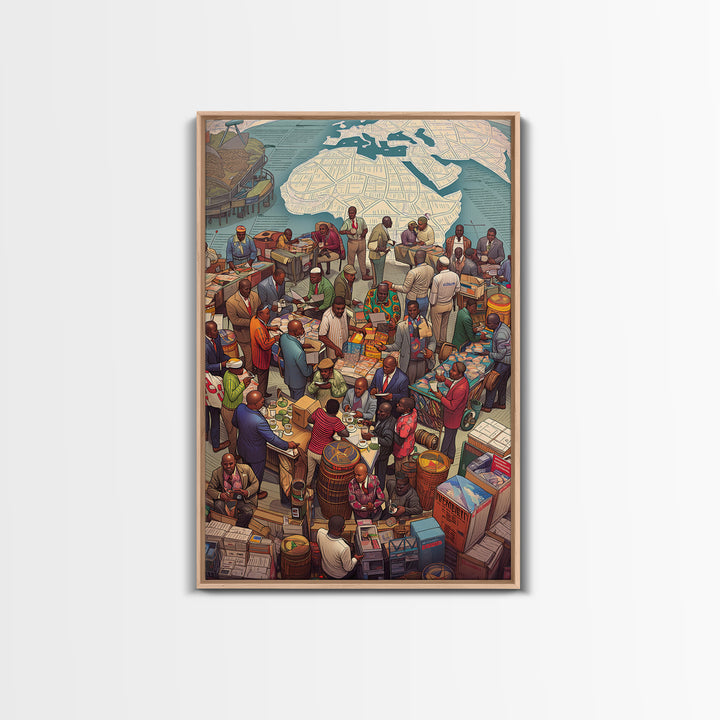 Busy African Market Scene With Map Wall Art, African Culture Art, West African Art, Black People Art, Living Room Decor, Gift