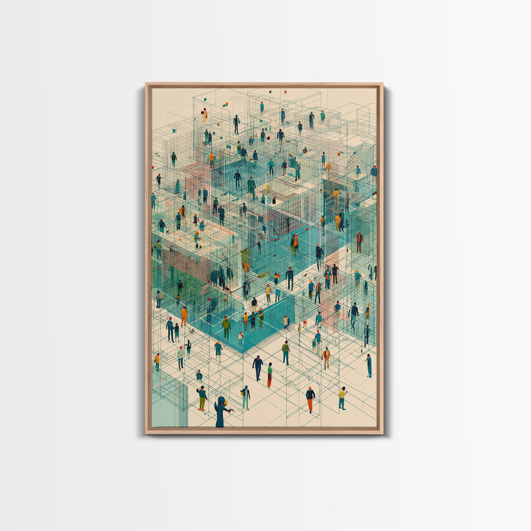 Isometric People In Wireframe City Wall Art, Modern Geometric Canvas Print, Abstract Urban Network, Unique Office Decor, Tech Inspired