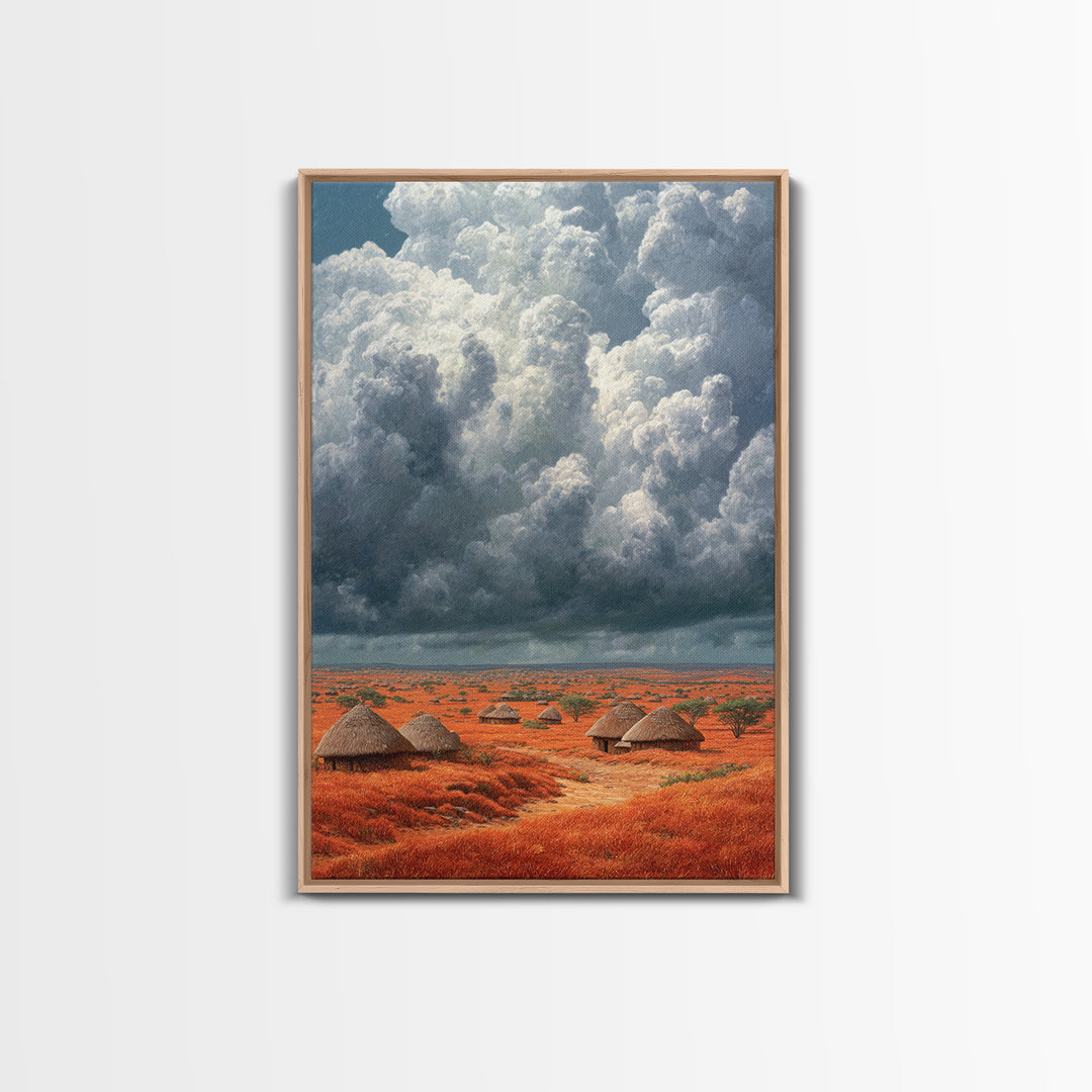 Red African Village Beneath Dramatic Storm Clouds Framed Canvas Print, Safari Landscape Wall Art, Earth Tone Home Decor Gift