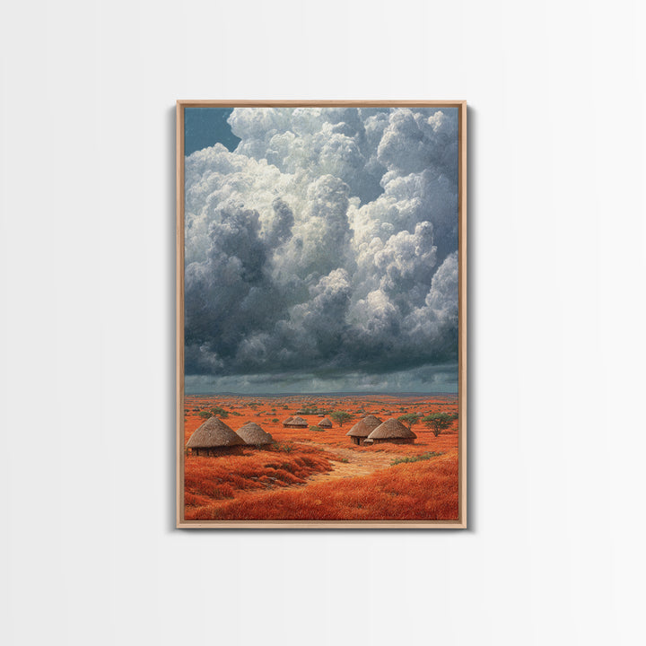 Red African Village Beneath Dramatic Storm Clouds Framed Canvas Print, Safari Landscape Wall Art, Earth Tone Home Decor Gift