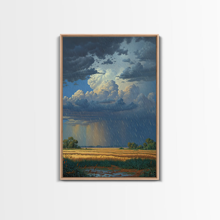 Rain Swept African Plain With Golden Fields Canvas Print, Stormy Landscape Wall Art, Safari Decor, Dramatic Office Art Gift