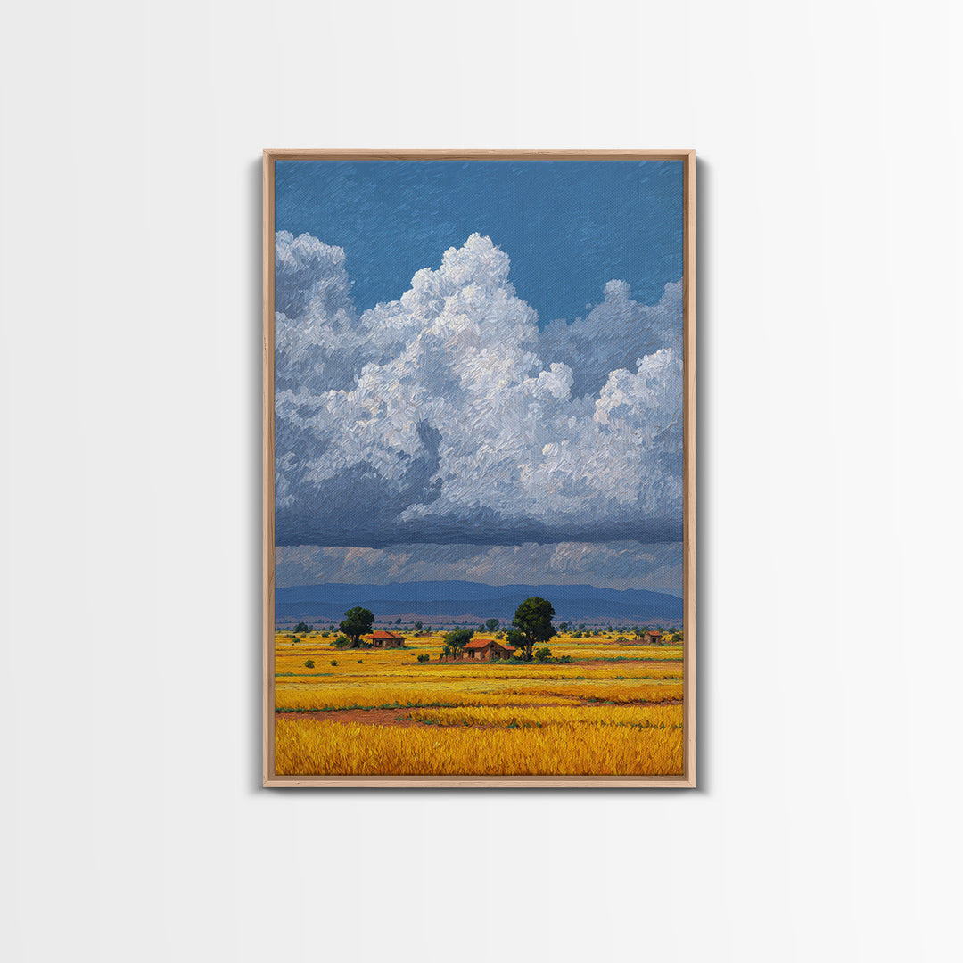 Sunlit African Farmland With Puffy White Clouds Wall Art, Landscape Canvas Print, Rustic Decor, Housewarming Gift For Her