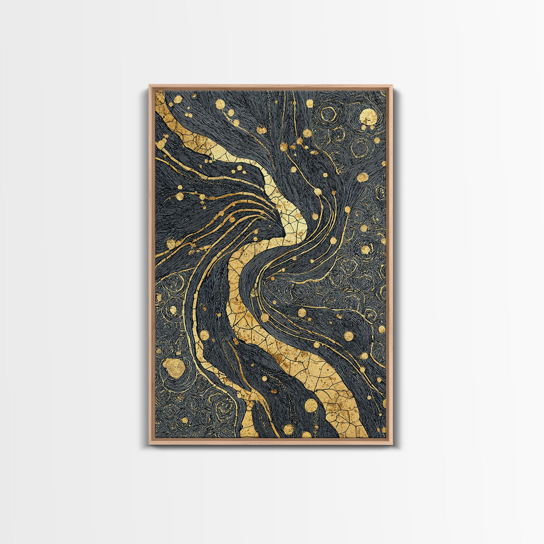 Black And Gold Abstract River Of Stars Statement Wall Art, Luxury Canvas Print, Geometric Decor, Elegant Modern Home Decor Gift