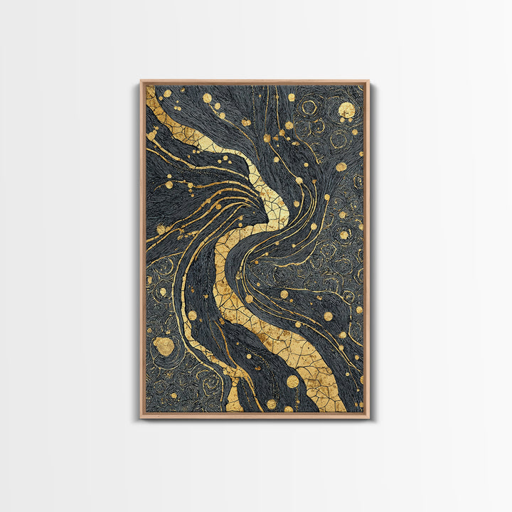 Black And Gold Abstract River Of Stars Statement Wall Art, Luxury Canvas Print, Geometric Decor, Elegant Modern Home Decor Gift