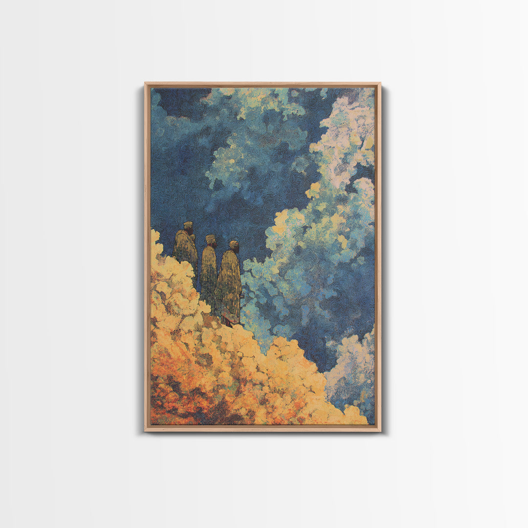 Three African Figures Walking Through Colorful Clouds Wall Art, Mystical Canvas Print, Cultural Art, Afrocentric Home Decor