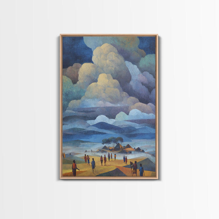 African Village Beneath Blue Storm Clouds Framed Canvas Print, Landscape Wall Decor, Cultural Home Decor, Afrocentric Art