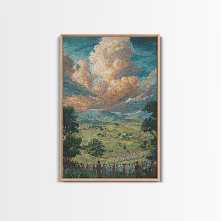 African Valley Procession Under Radiant Clouds Canvas Print, Panoramic Landscape Wall Decor, Safari Art, Cultural Gift For Home
