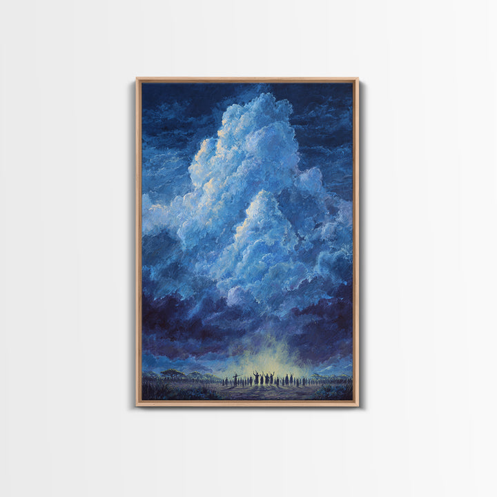 Deep Blue Thundercloud Over African Crowd Canvas Print, Dramatic Storm Sky Wall Decor, Spiritual Safari Art, Statement Gift