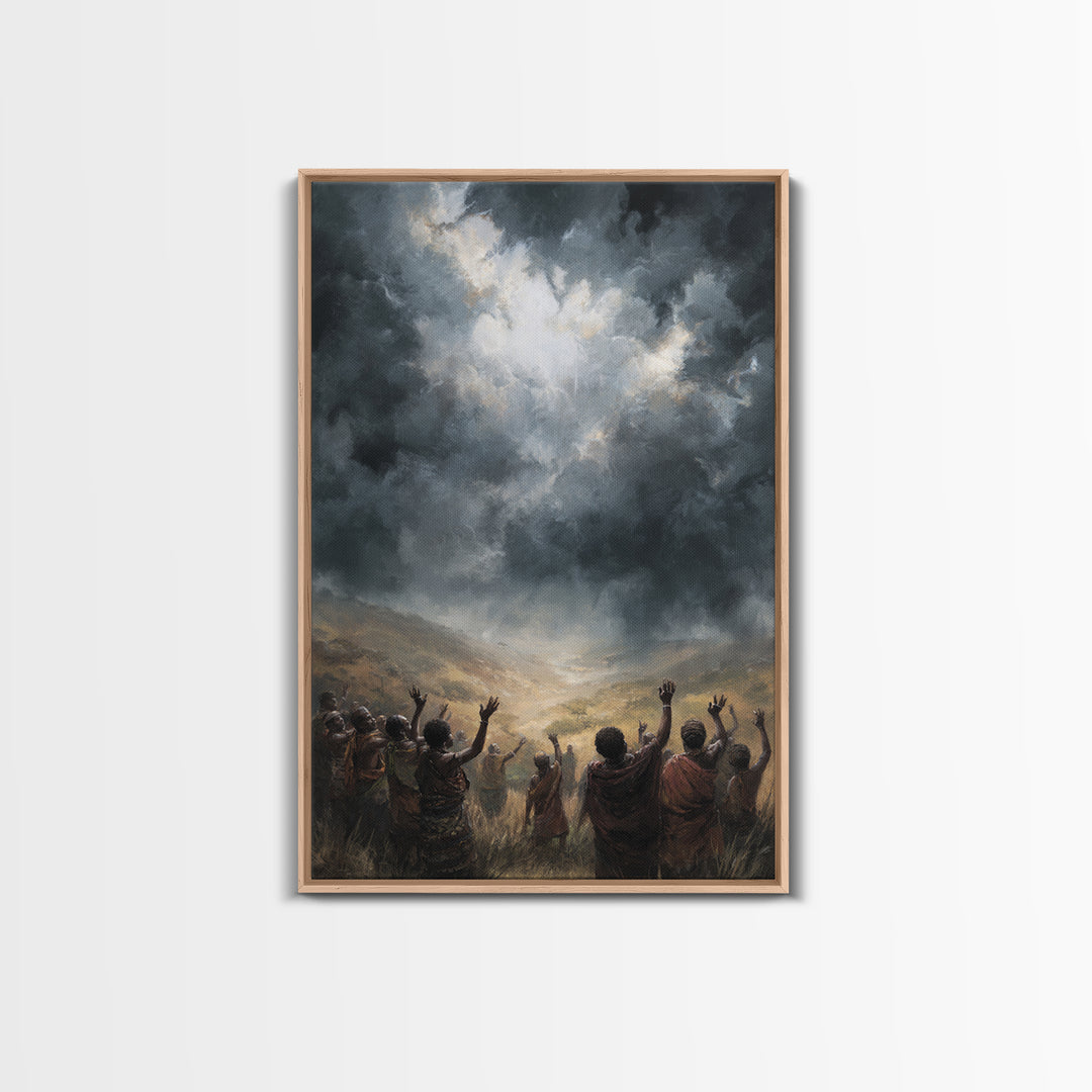 African Villagers Raising Hands To Dark Storm Sky Wall Art, Dramatic Spiritual Canvas, Cultural Decor, Black Art Gift For Home