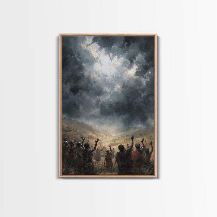 African Villagers Raising Hands To Dark Storm Sky Wall Art, Dramatic Spiritual Canvas, Cultural Decor, Black Art Gift For Home