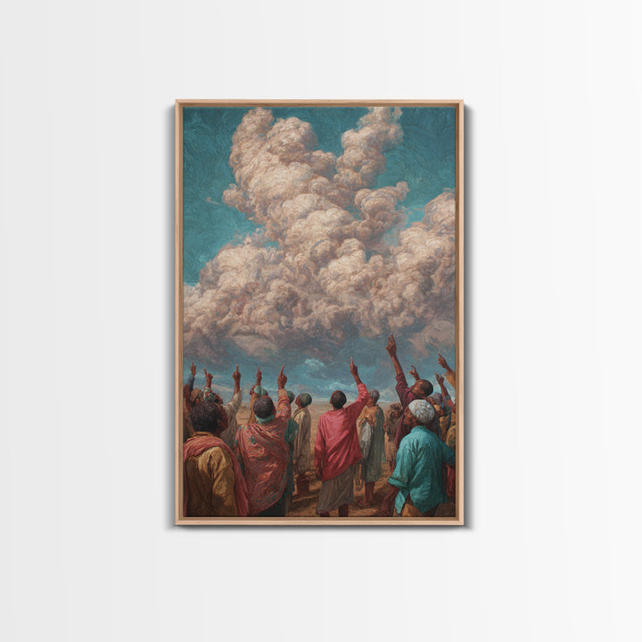 African Gathering Pointing To Rose Clouds Canvas Print, Colorful Cultural Wall Decor, Afrocentric Home Art, Unique Gift Idea