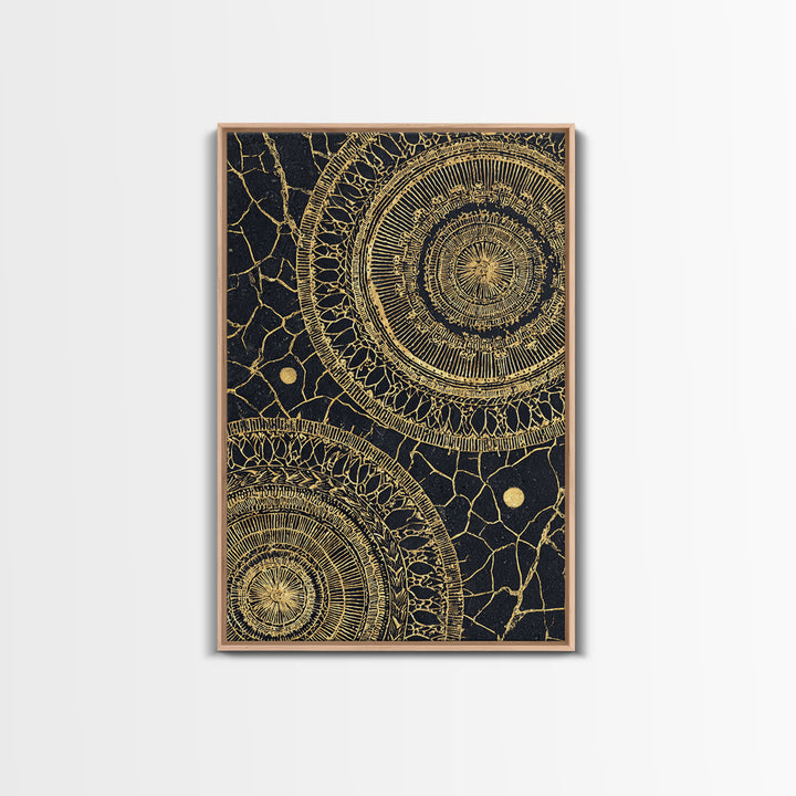 Black And Gold Tribal Mandala Pattern Framed Canvas Print, Geometric African Wall Decor, Abstract Ethnic Art, Luxury Gift