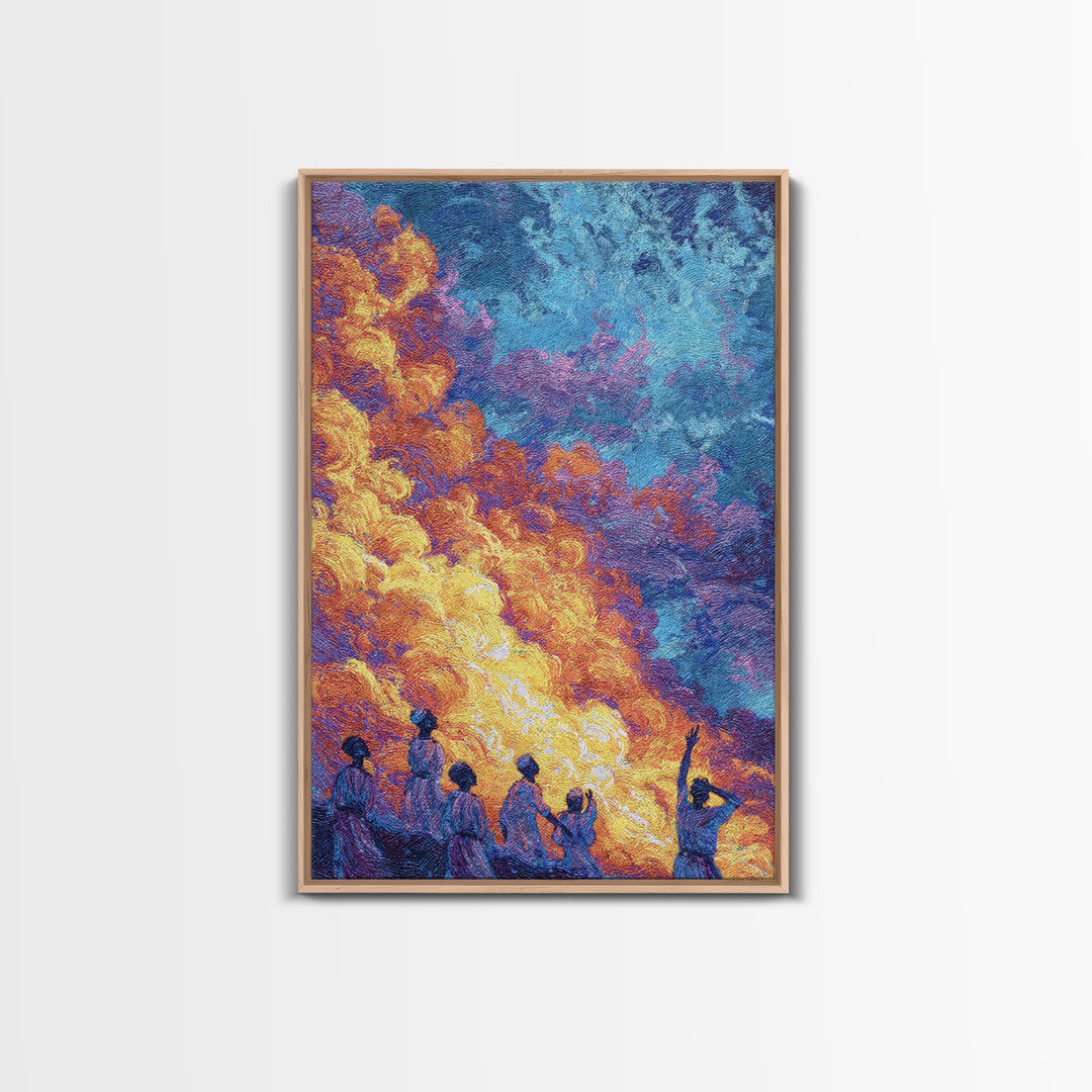 Figures Under Fiery Orange And Blue Sky Canvas Print, African Wall Art, Black People Art, Cultural Home Decor Gift, Statement Wall Decor