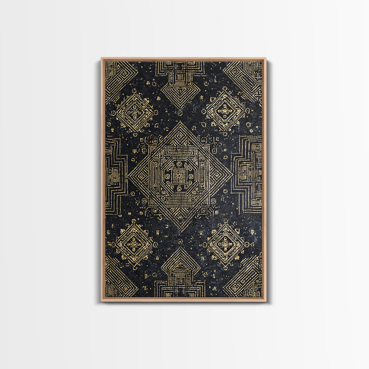 Black And Gold Sacred Geometric Pattern Framed Canvas Print, African Tribal Art, Luxury Wall Art, Spiritual Home Decor Gift