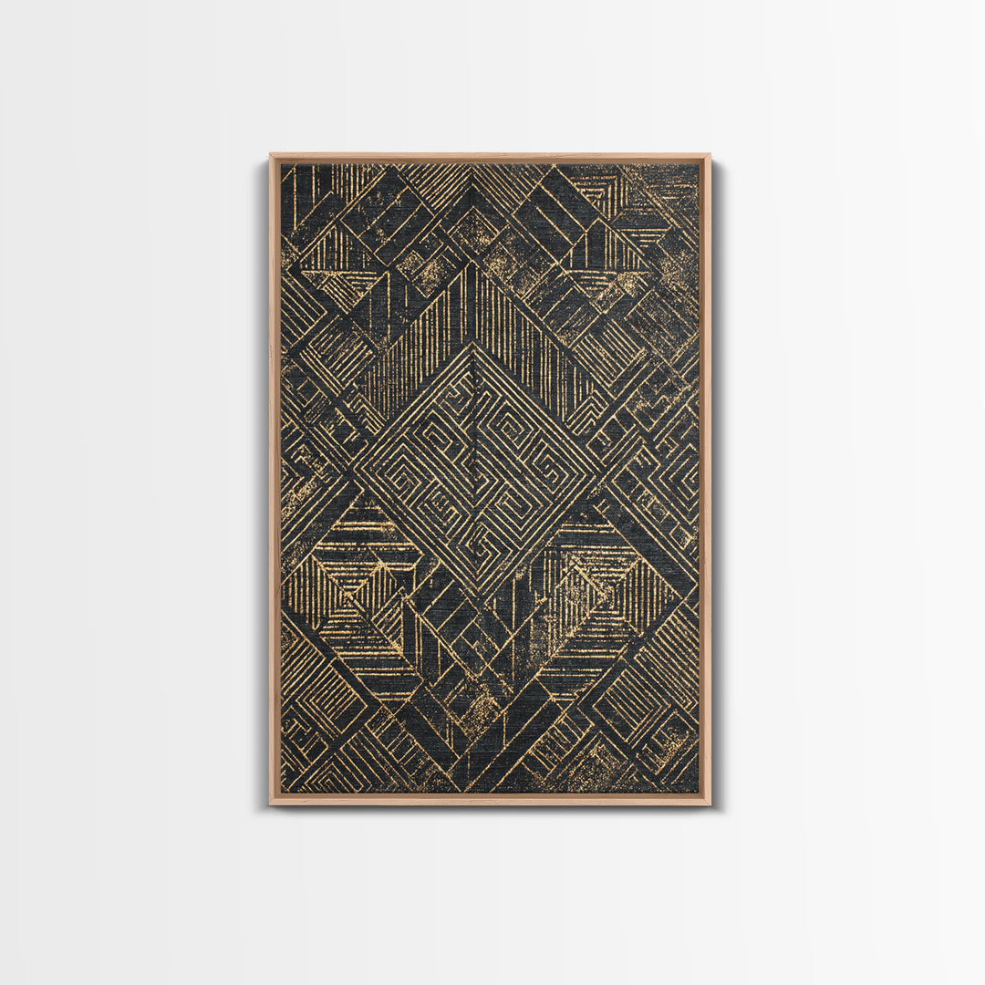 Black Gold Geometric Kuba Pattern Wall Art, African Tribal Decor, Mud Cloth Inspired Canvas, Modern Ethnic Home Decor, Gallery Print